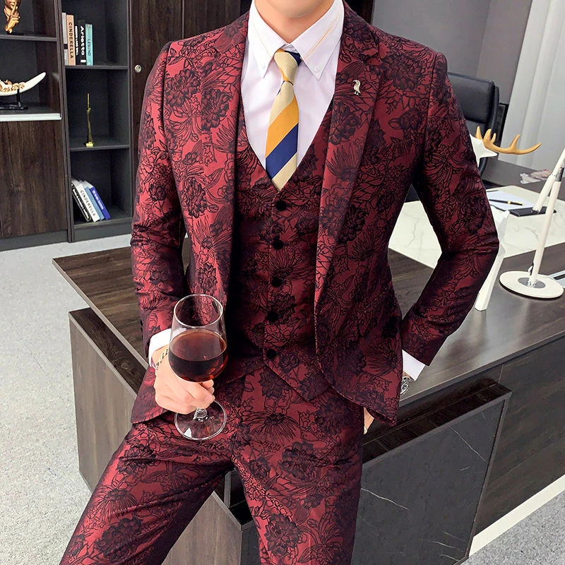 Ternos Masculinos Slim Fit Vintage Mens Suits Flowers Printed Blazers Men 3-piece Set Fancy Costume Homme Taille 4XL | Мужская одежда