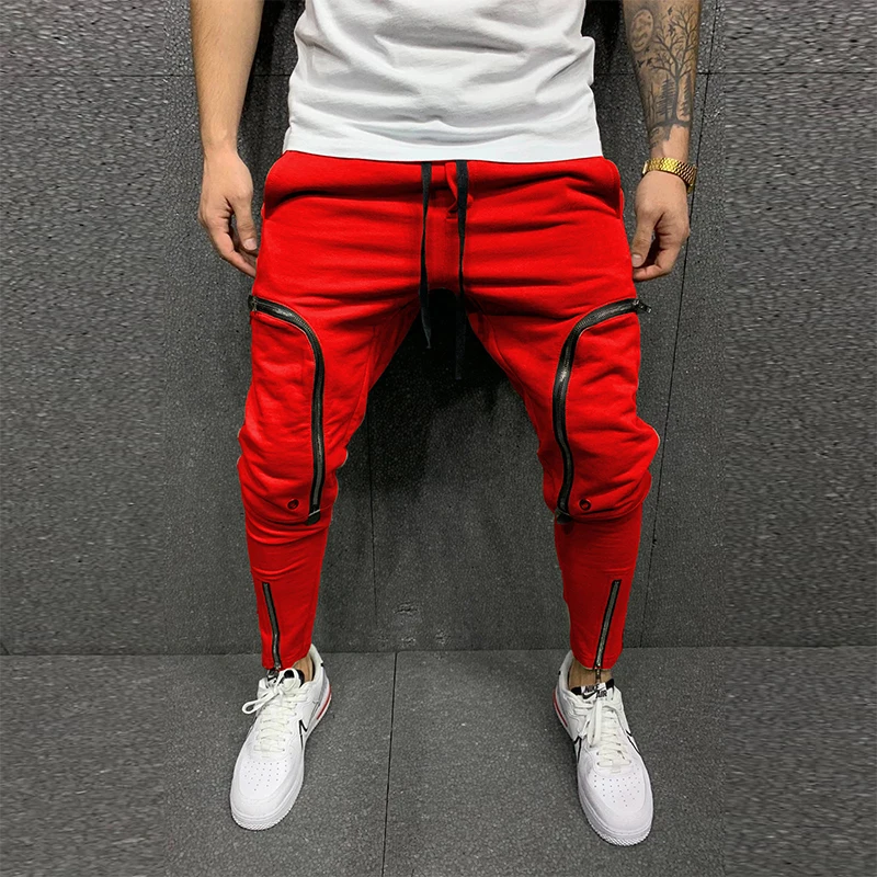 

Fashion Zipper Pockets Slim Pencil Pants Autumn Male Drawstring Sweatpants Summer Casual Vintage Solid Men Trousers Streetwear