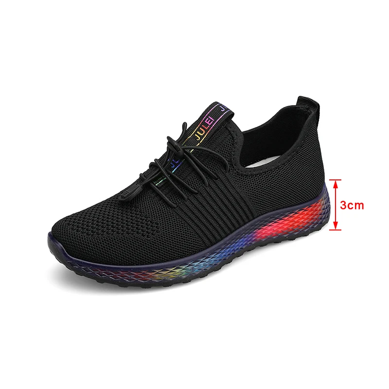 

Women Knitted Sneakers Breathable Vulcanized Shoes2021 Rainbow Heels Lace Up Non Slip Ladies Light Female Running Shoe Autumn