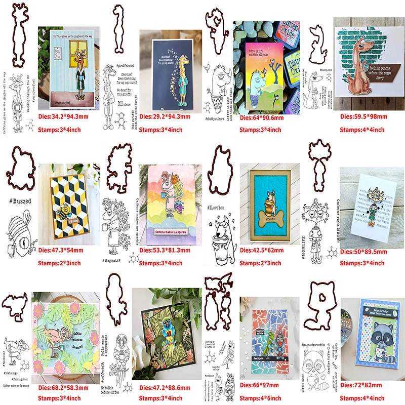 

Cutting Dies & Clear Stamps Set Caffeinated Unicorn Kangaroo Giraffe Dog Elk Fox Bee Bird Ant Various Critter Holding Coffee Cup