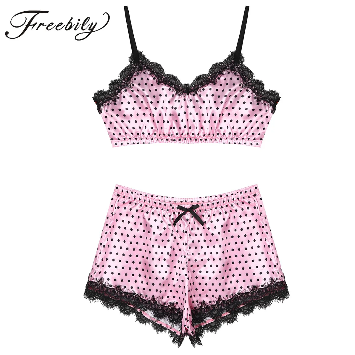 

Men Lace Pajama Set Gay Male Sissy Polka Dot Lingerie Suit Crossdresser Satin Cami Top with Shorts