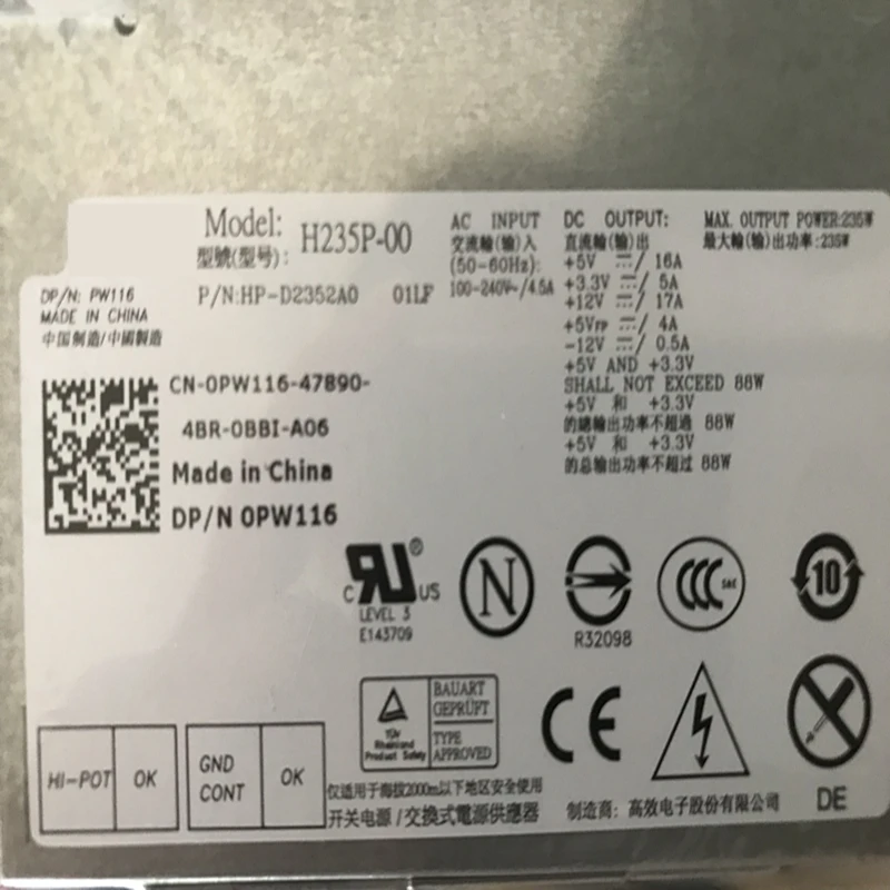 Новый оригинальный блок питания для ноутбука Dell OptiPlex760 960 580 780 235W Питание L235P 01 00