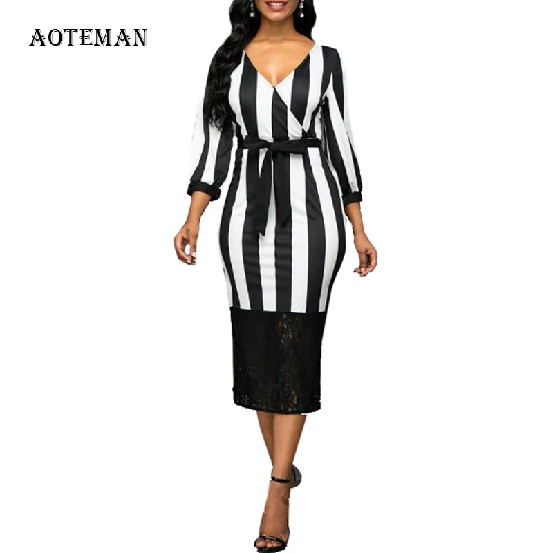 Женское платье в полоску повседневное облегающее с глубоким v образным вырезом и