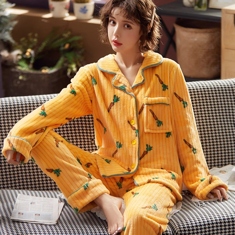 Winter Thick Flannel Warm Pajamas for Women Pyjamas Cute Coral Fleece Sheep Female Pajama Set sleepwear Home Suit