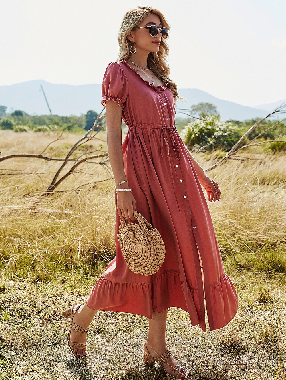 

Women Summer Party Long Dress Single Breasted Beach Shirt Short Sleeve Lady Korean High-Waisted Boho Midi Vestido