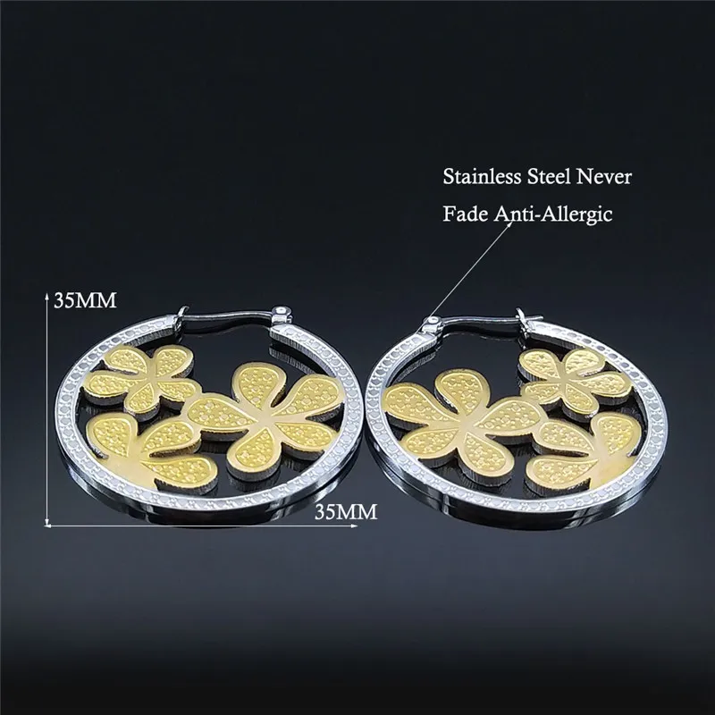 

Flower Stainless Steel Hoop Earring Women Silver Color Round Big Earings Jewelry Accesorios acier inoxydable bijoux EXS01