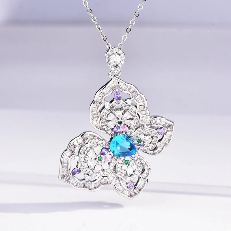

Fashion Butterfly Pendant Necklace Luxury Full Inlay AAA Zircon S92 5 Silvery Jewelry Women's Charm Sweater Chain For Wedding
