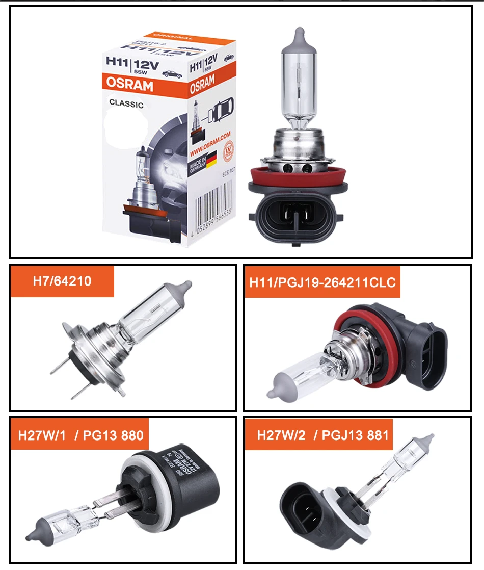 Автомобиль OSRAM лампы 55 Вт H7 галогенная H11 Противотуманные огни H27 880 881 Противотуманные фары 12V 27W Белый Atuo фар 642101 64211CLC 1 предмет