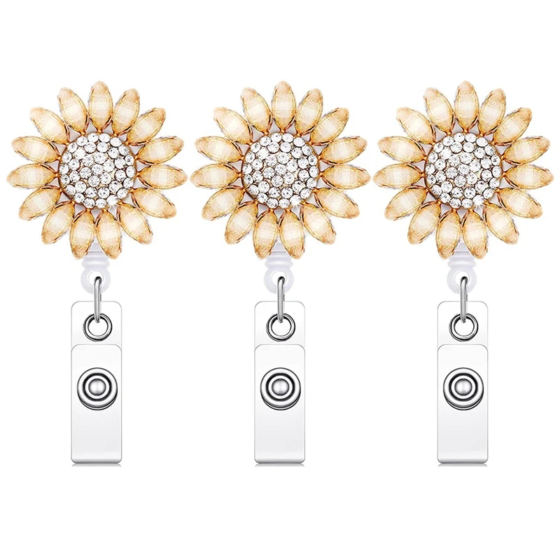 

3Pcs Flower Retractable Name Card Badge Holder with Alligator Clip Rhinestone Retractable Badge Reel ID Badge Reel Clip