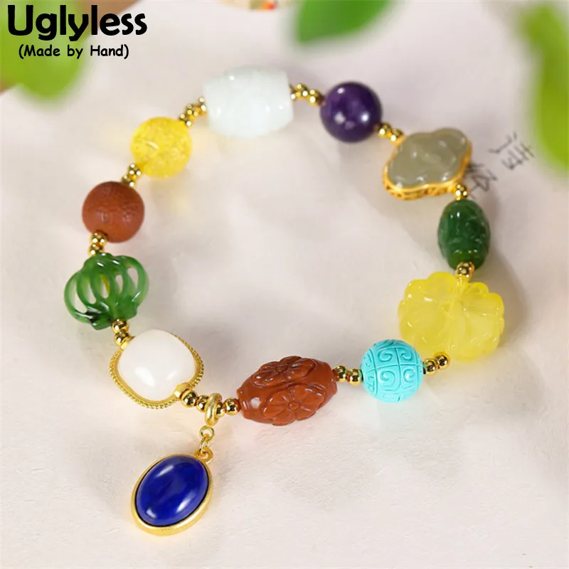 

Uglyless Like a Rainbow 10 Kinds of Gemstones Bracelets for Women Elastic Rope 925 Silver Ethnic Jewelry Agate Jade Amber Lapis