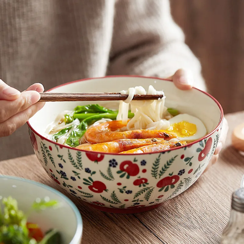 

Японская миска для рамен 7 дюймов, керамическая миска для лапши с милым цветочным дизайном, большая миска для супа, риса, столовая посуда для ...