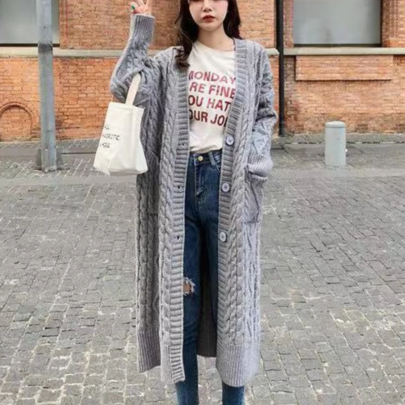 

Women Autumn Winter Single Breasted Midi Sweater Coat Long Sleeve Twist Casual Knitted Jacket Streetwear Fashion Oversized Cloak