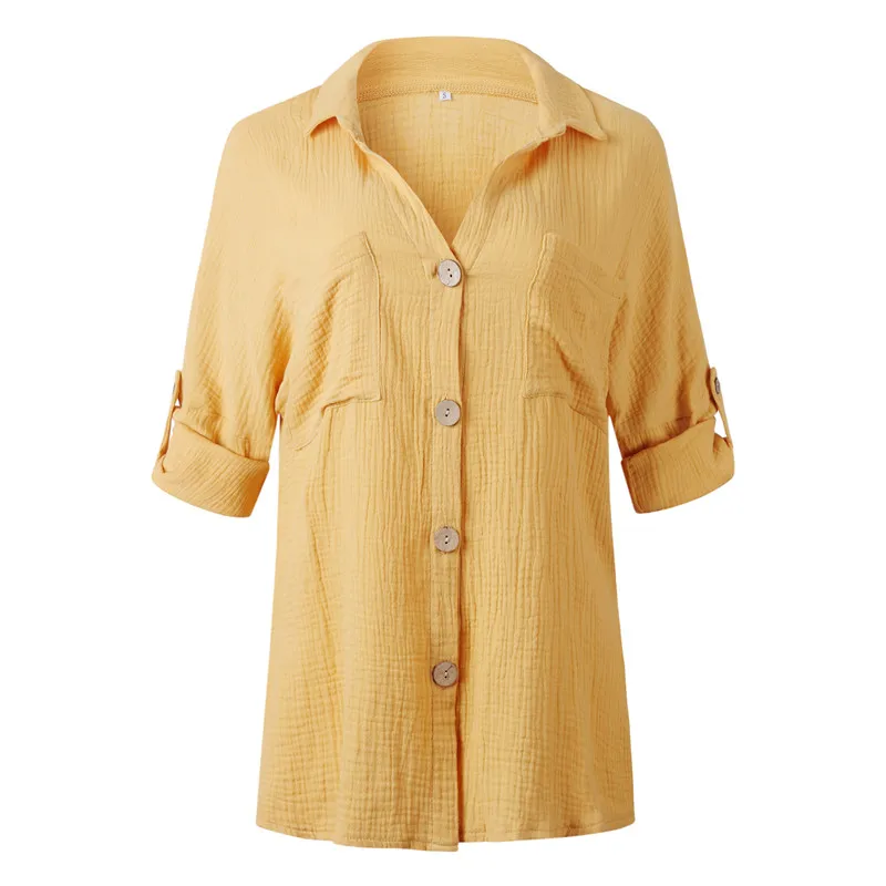 

Casual Loose Pockets Single Row Button Women Tops and Blouses Long Sleeve Turn Down Collar Womens Cotton Shirts Pink White Pink