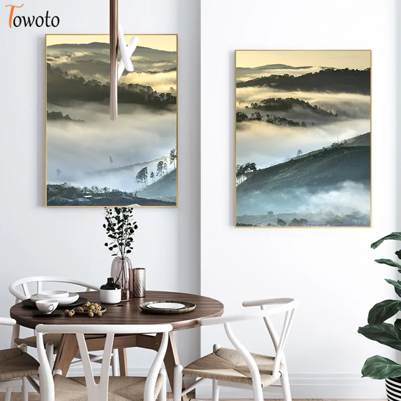 Скандинавский постер пейзаж холст живопись туман холмы деревянный лес печать