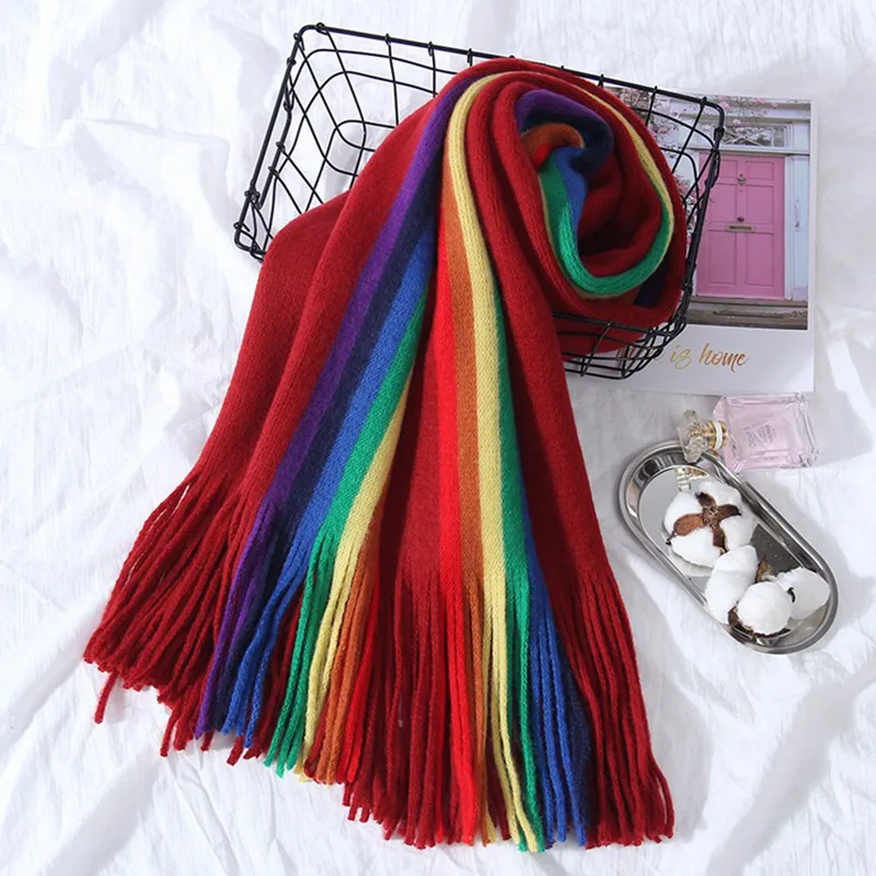 

Scarf Women's Winter Korean College Style Rainbow Stripe Knitting Tassel Scarves Autumn Winter New Women's Shawl Scarf Dual-use