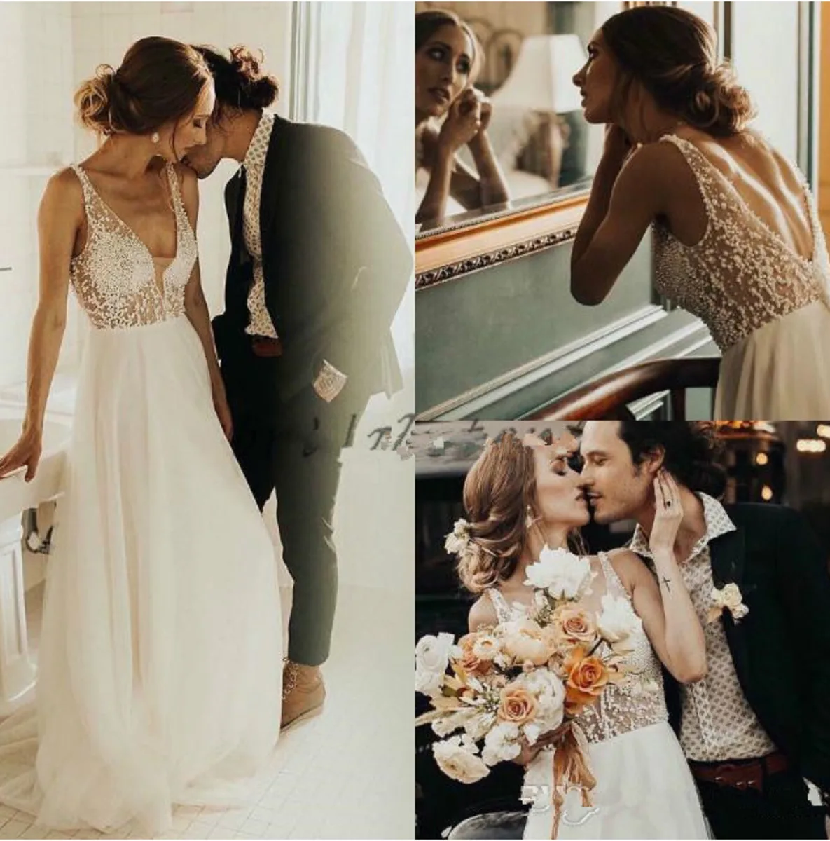 

Delicate Top Illusion Beaded Bohemian Wedding Dresses Amazing Backless Designer Soft Chiffon Pearls Cheap Country Bridal Gowns