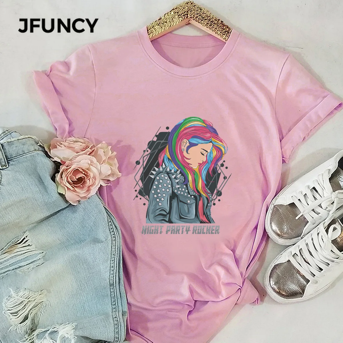 JFUNCY Party Rock Girl Fashion Summer T Shirt Women  Short Sleeve Cotton Tees Woman Tops Casual Shirts Female