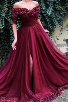 burgundy 3d flower evening dresses long 2020 slit boat neck half sleeve flower hemline party gown elegant formal dress for women