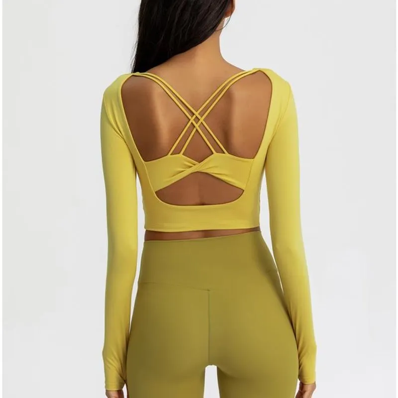 

Sexy Back Cross Tight Sports Top Gym Yoga Shirts Women Long Sleeve Workout Fitness Crop Top with chest pad Running Clothing