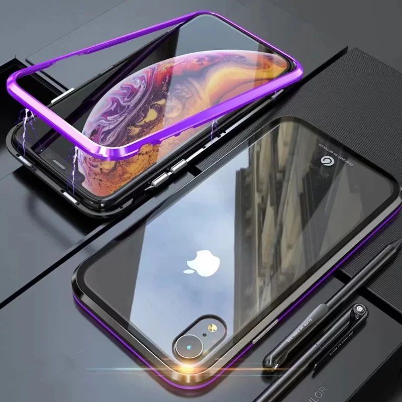 Металлический Чехол-бампер для iPhone X, чехол из прозрачного закаленного стекла, магнитная откидная крышка для iPhone XR 7 8, металлический чехол, роскошный противоударный - Цвет: black purple