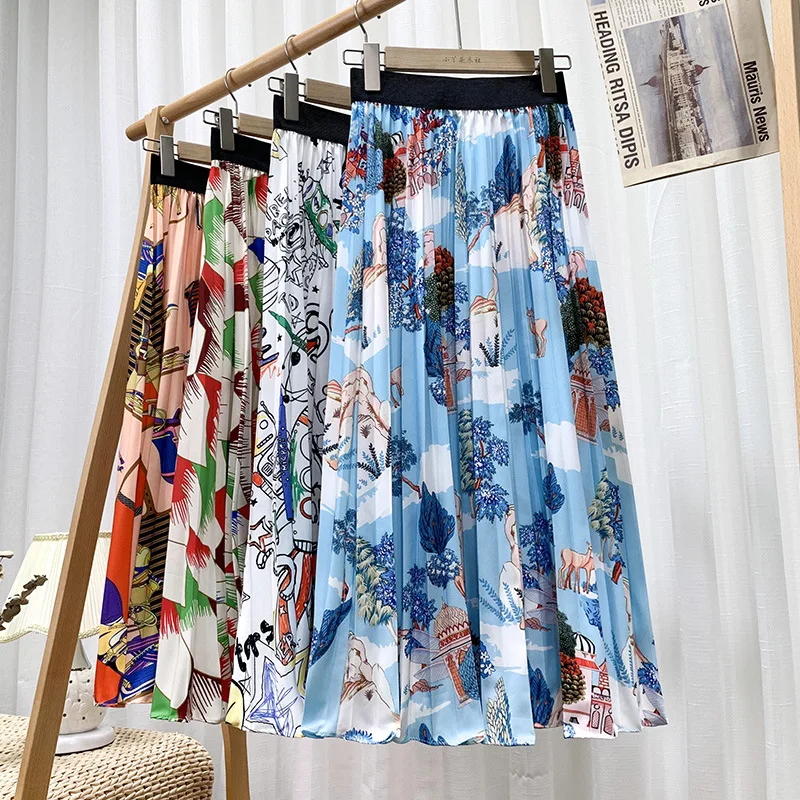 

2022Autumn New Elastic High Waist Slim Pleated Skirt Personality Graffiti Casual Women Big Swing A-line Long Skirt Free Shipping
