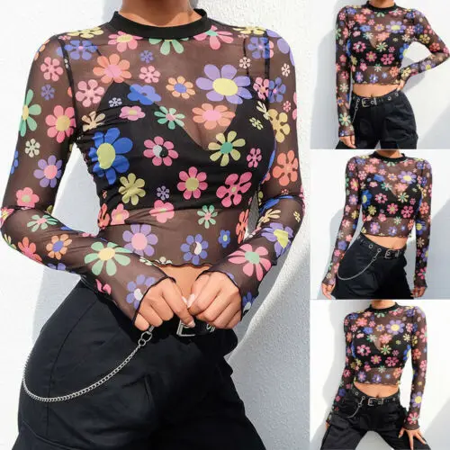 Новая модная блузка в стиле бохо женский прозрачный сетчатый укороченный топ с