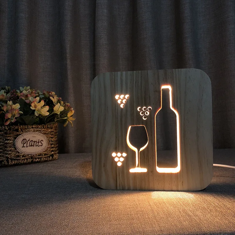 Wine Glass Wine Bottle Solid Wood Hollow Carved Nordic Style Solid Wood Table Lamp Night Lights Christmas Lights LED Lights