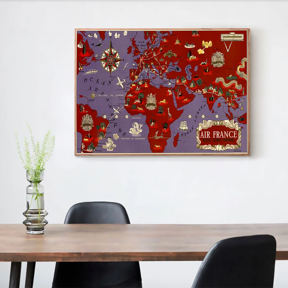 Винтажная карта мира по воздуху Франция дорожные карты Ретро картины на холсте