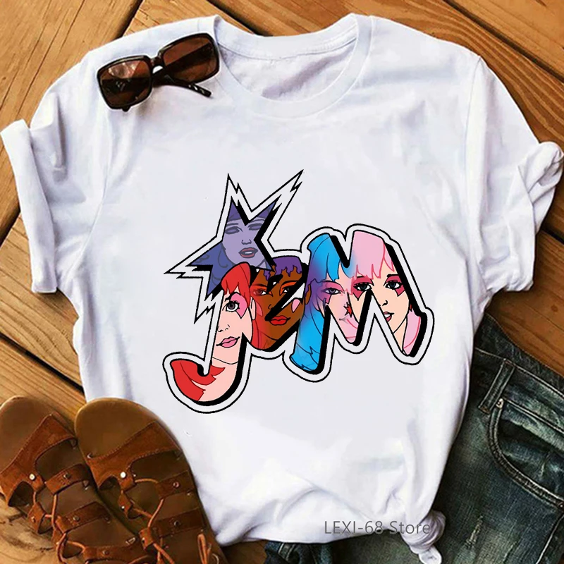 

Jem and the Holograms Printed T-shirt Female Summer Short-sleeved Cartoon Tshirt 90s White Casual O-neck Hip-hop Top Tees Woman