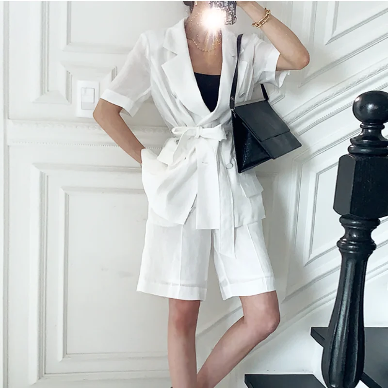 

Korean Chic Temperament Elegant Suits Notched Collar Double-breasted Short Sleeve Tops Blazer Women Simple Office Ladies Coats