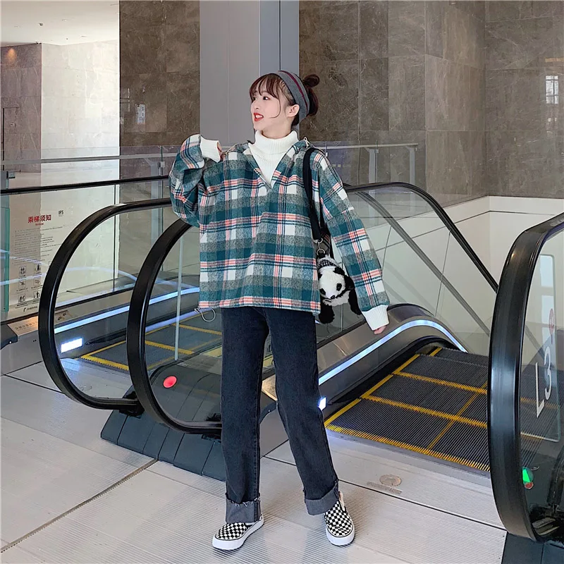 Зимнее пальто для женщин поддельные два толстовки Harajuku решетки толстовка с