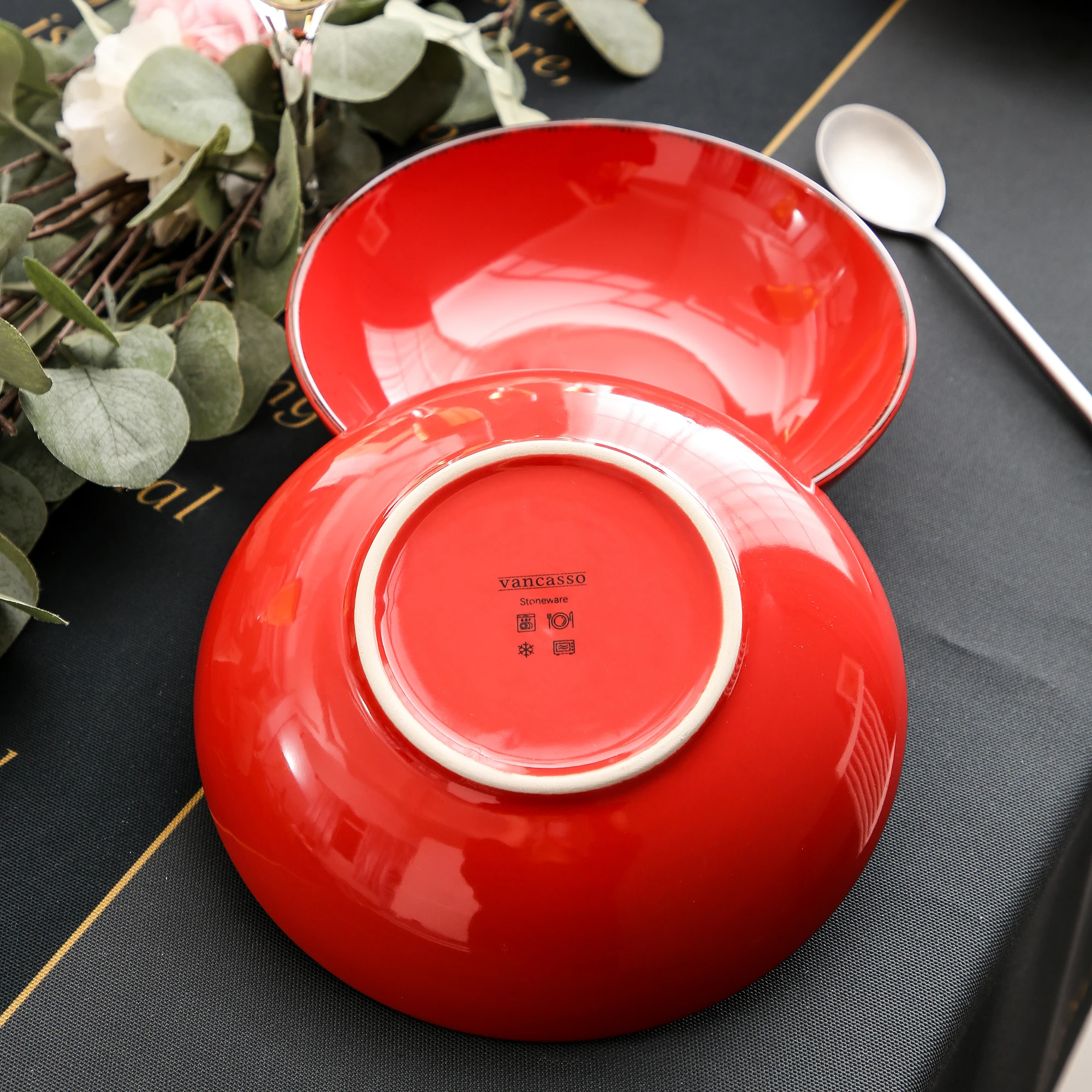 Vancasso Navia Red 4/8/12-Piece Vintage Look Nature Stroneware Ceramic Soup Plate Set Snack Salad Fruit Tableware | Дом и сад