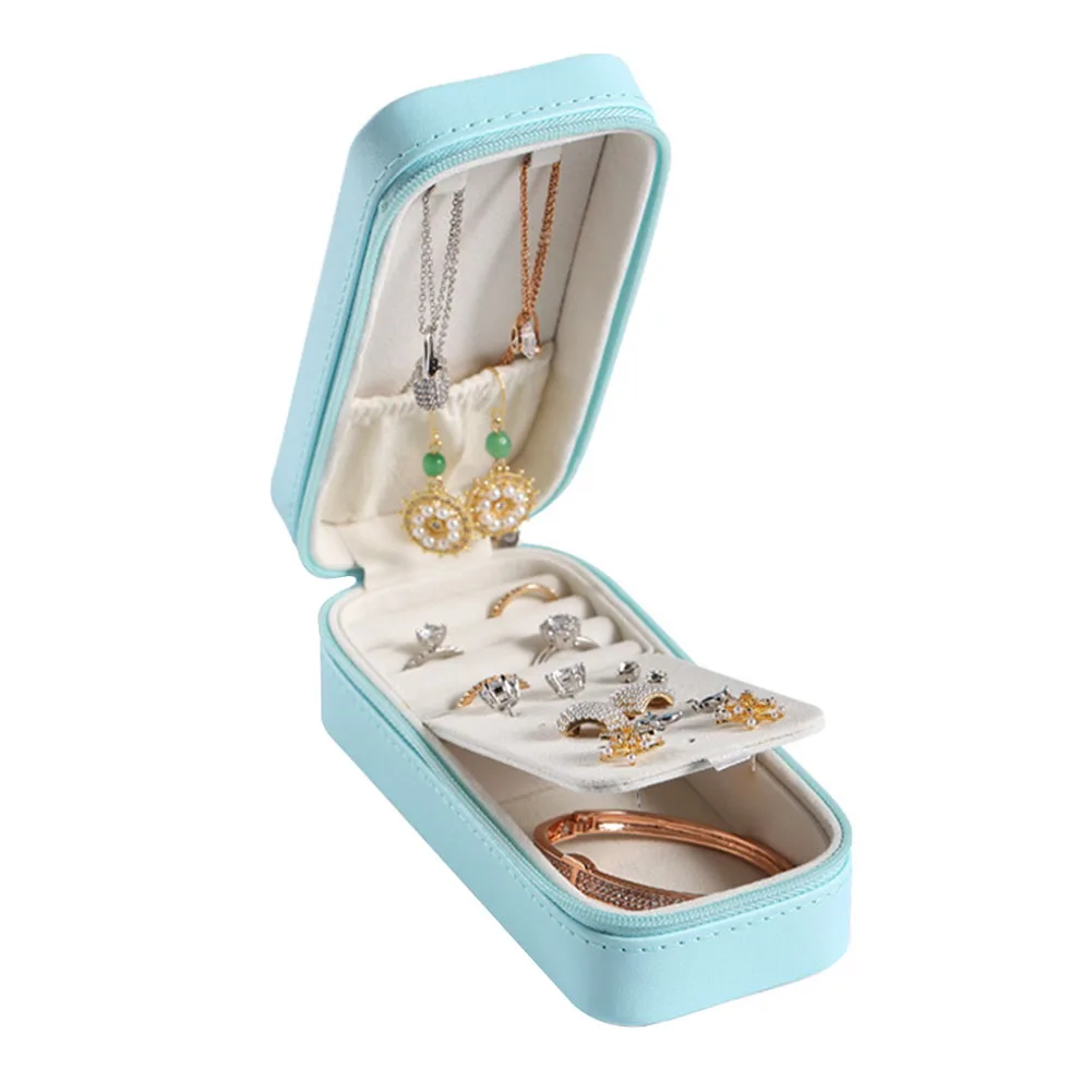 

Storage Organizer Zipper Compartment Rings Bracelet Rectangle Small Travel Portable Display Home Earring Necklace Jewelry Box