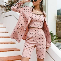 simplee fashion light pink womens three piece suit long sleeve polka dot blazer jumpsuit casual spring summer female suit new