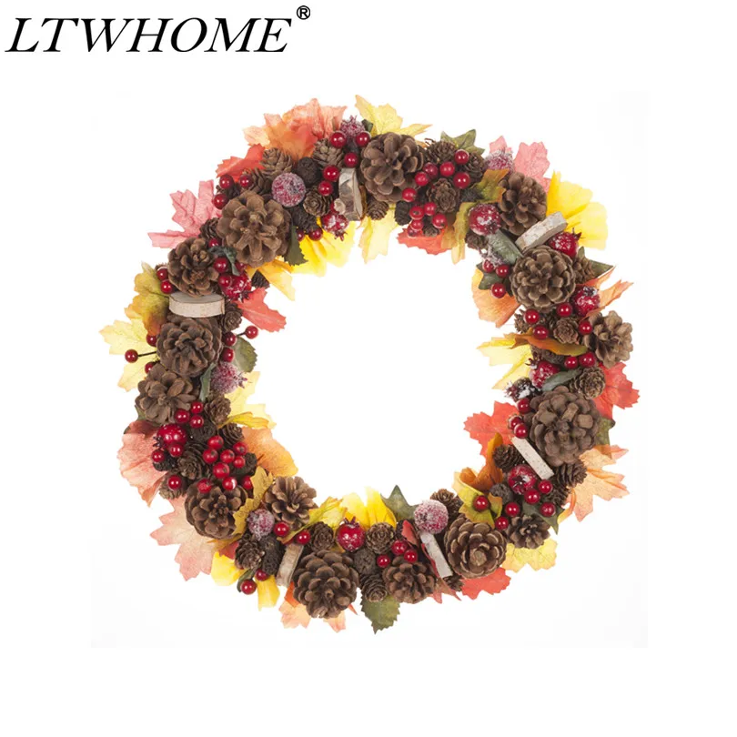 

LTWHOME WHAWPCL Artificial Handmade Autumn Wreath with Maple Leaves, Berries, Pine Cones for Home, Front Door, Wall, Mantelpiece