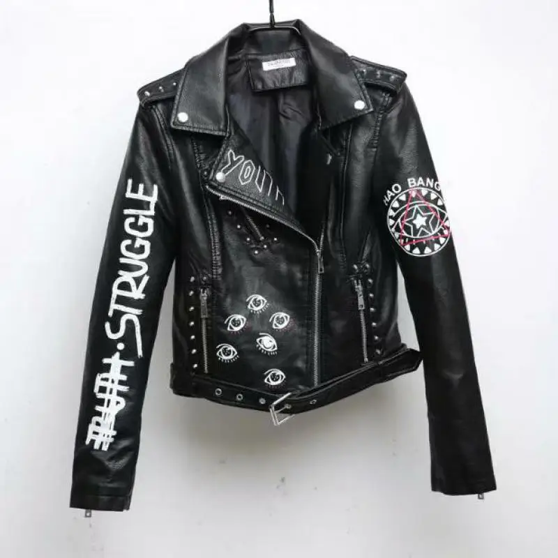 

Women's Leather Jacket 2020 Street Hipster Spring Pu Leather Motorcycle Wear Rivet Women's Leather Jacket