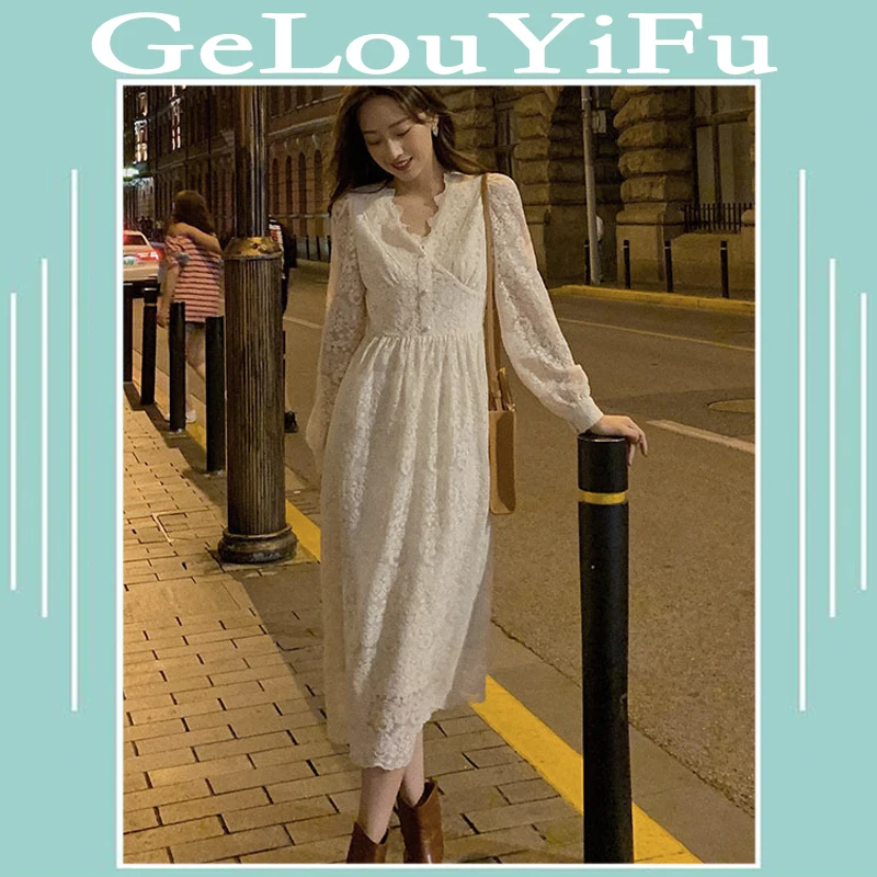 

2021 White Female Splicing Dress New Women Elegant Embroidered Lace Dress Floral Hollow Out Loose Casual Party Vintage Dress