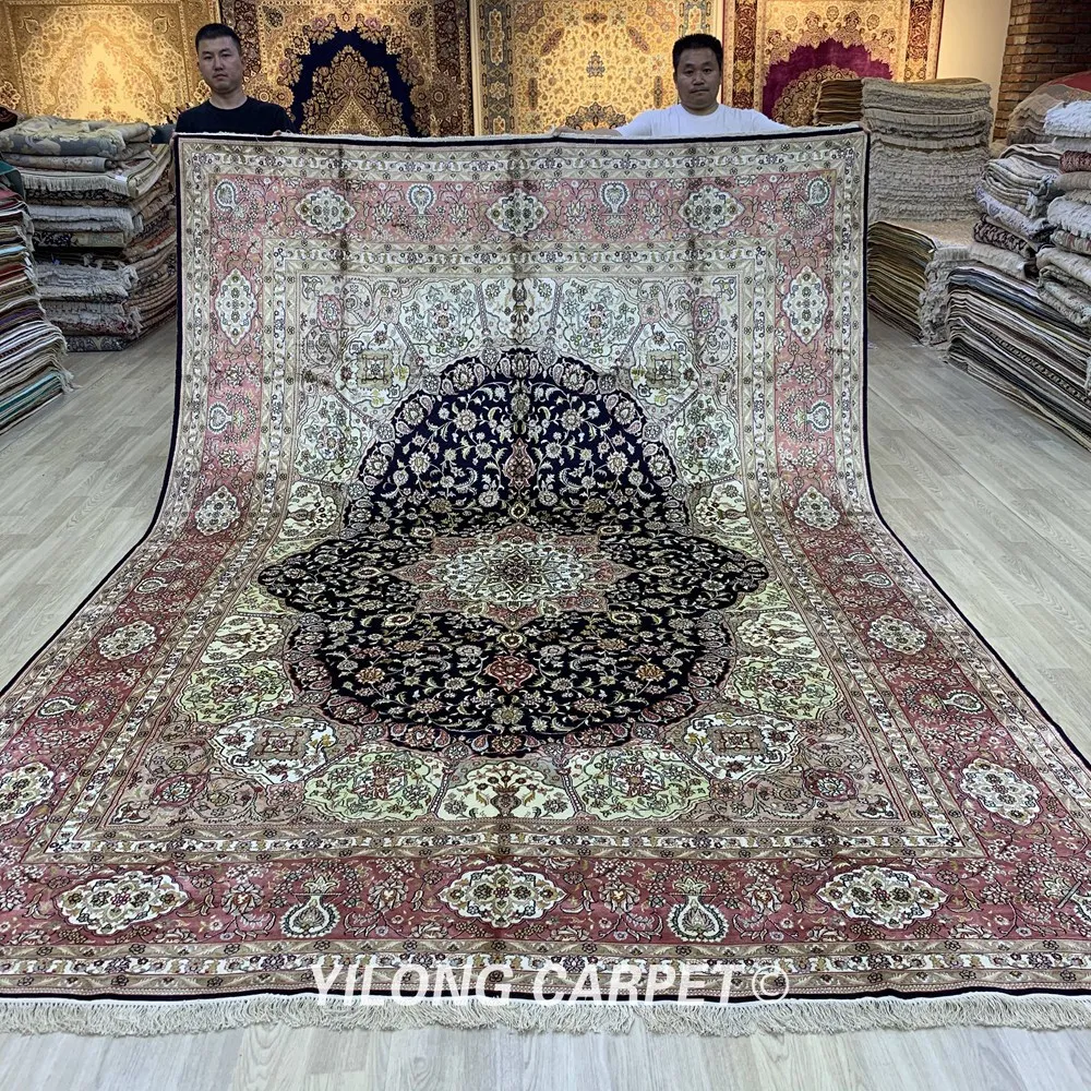Goede Yilong 9 'X 12' Oosterse Handgeknoopt Luxe Zijden Kleed Zwart Medaillon Perzisch Tapijt Handgemaakte (YJH276B)