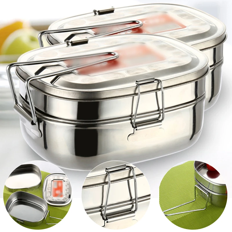 

1.8L Lunch Bento Box 304 Stainless Steel Food Container Double Layer Large Fruit Cake Snack Storage Box Bin Tableware