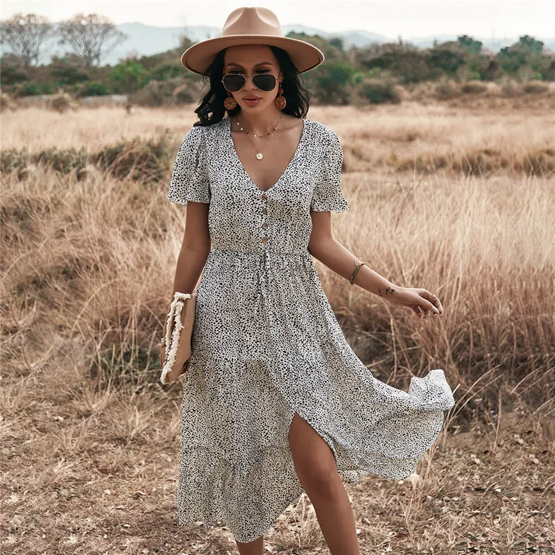 

2021 New Spring Print Long Dress Women V Neck Short Sleeve Lace Up Button Dress For Woman Sexy Leopard Summer Dress