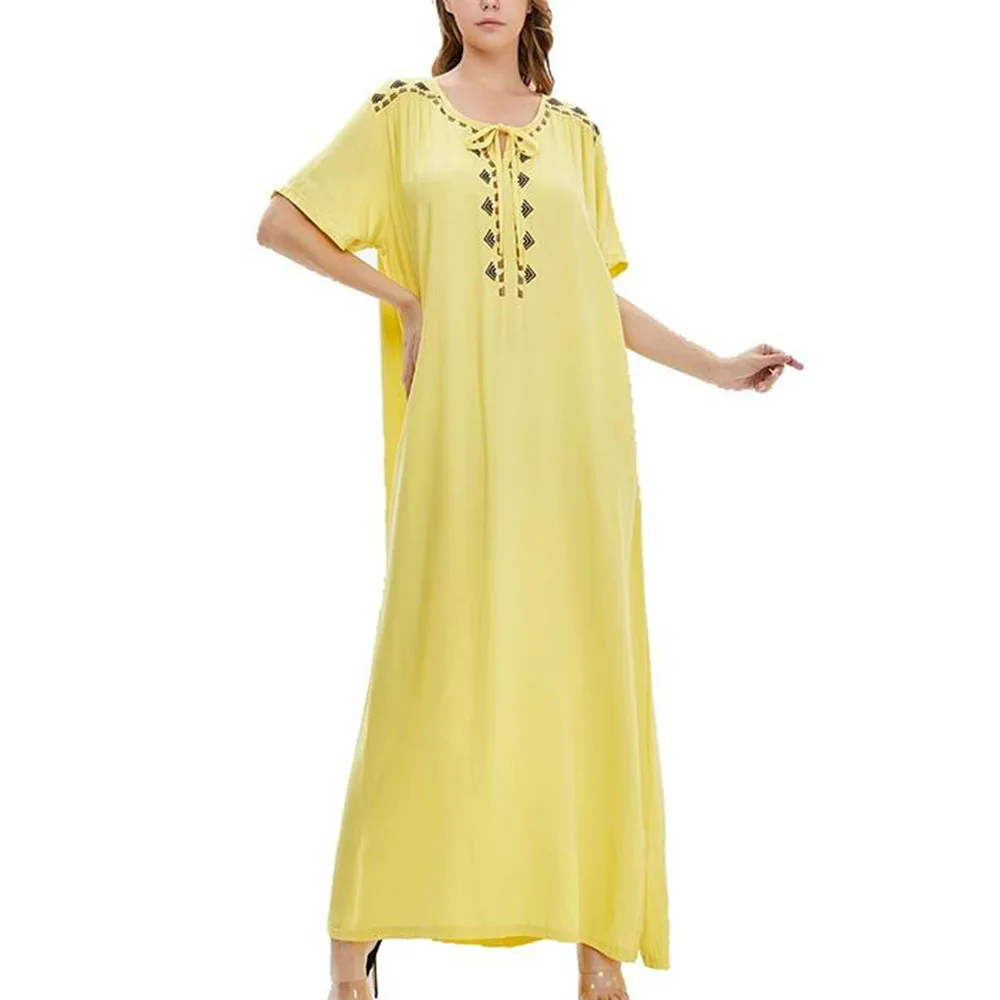 

Casual Style Fashion Muslim Summer Dress 2021 Loose Simple Designer Thin Solid Color Embroidery Round Neck Summer