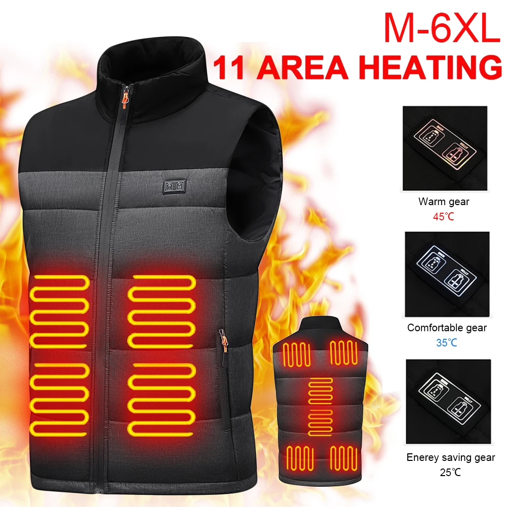 

11 Places Heated Vest Men Women Usb Heated Jacket Heating Thermal Clothing Hunting Winter Fashion Heat Jacket Black 3/4/5/6XL