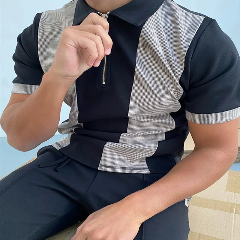 

Fashion Plaid Men's Polo Shirts Short Sleeve Tops Men Breathable Casual T-shirt 2021 Summer Zippers Turn-down Collar Polo Shirts