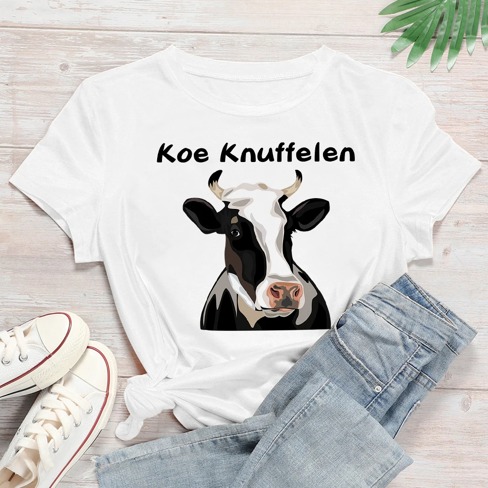 

Koe Knuffelen European Women Thanksgiving White T Shirt Hug The Cow Gorgeous T-short Short Sleeve Friendly American Summer Top
