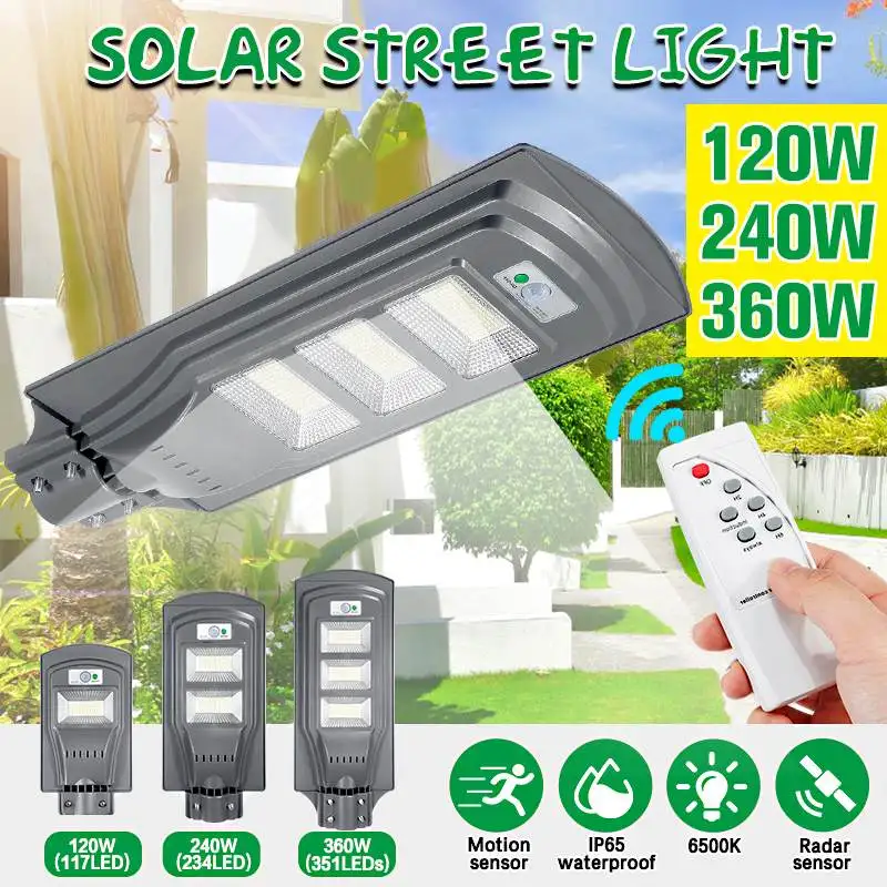 

Уличный фонарь на солнечной батарее, 120/240/360 Вт, IP65, водонепроницаемый уличный фонарь, садовый инфракрасный датчик движения светильник диста...