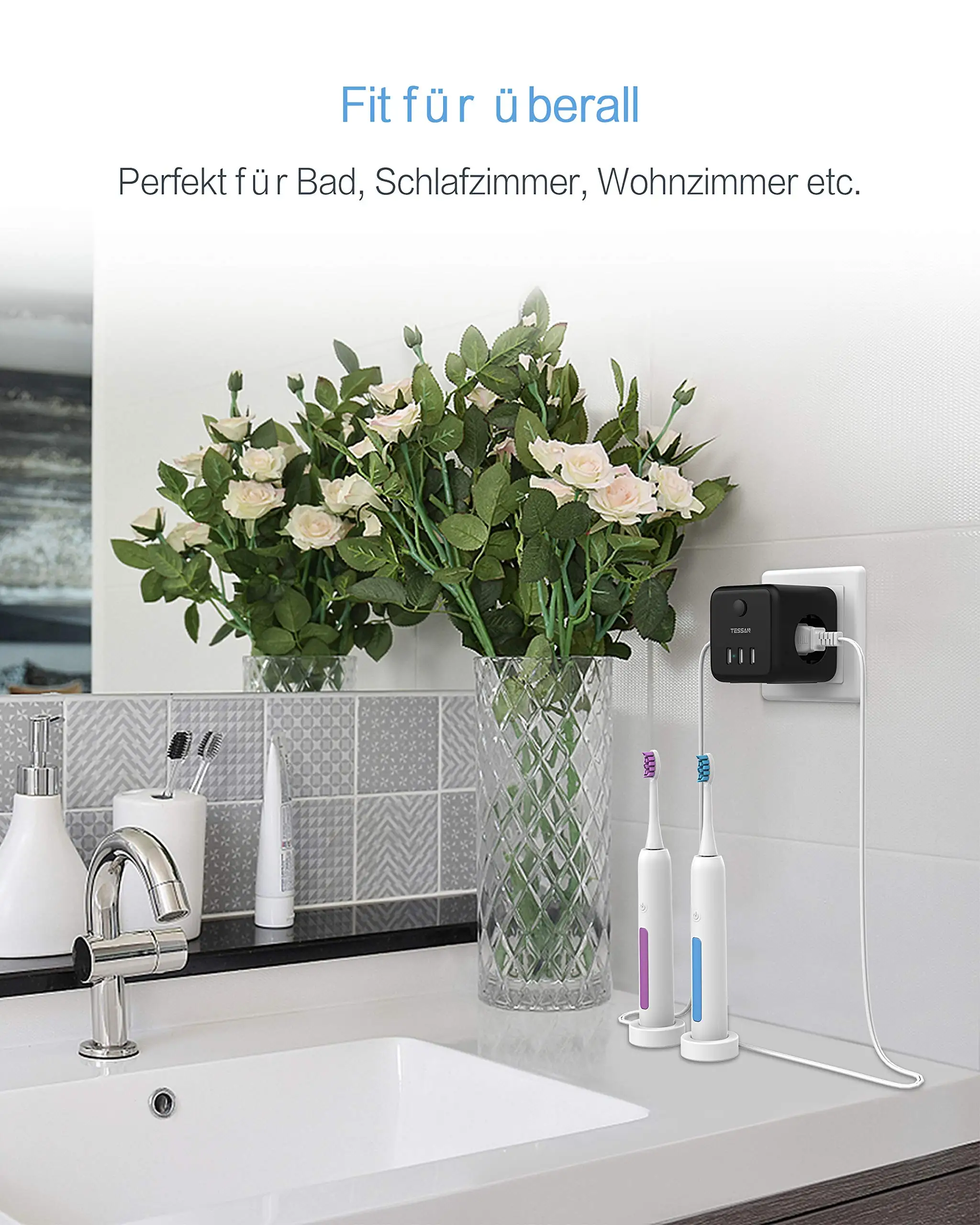 

TESSAN 6 in 1 EU Wall Socket Power Strip Surge Protector with On/Off Switch 3 AC Outlets 3 USB Charging Ports Adapter for Home