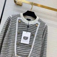 runway design fashion 100 cashmere pullover womens knit sweater o-neck double breasted patchwork stripe high-end casual jumper