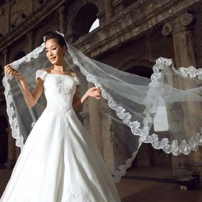Кружева Аппликация элегантная свадебная фата женские 150 см 300 длинная белая цвета