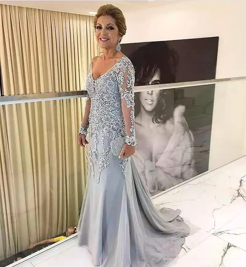 Elegant Blue Silver Mother of the Bride Dresses Long Sleeves 2021 V Neck Godmother Evening Dresses Wedding Party Guest Gowns New