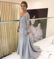 elegant blue silver mother of the bride dresses long sleeves 2022 v neck godmother evening dresses wedding party guest gowns new